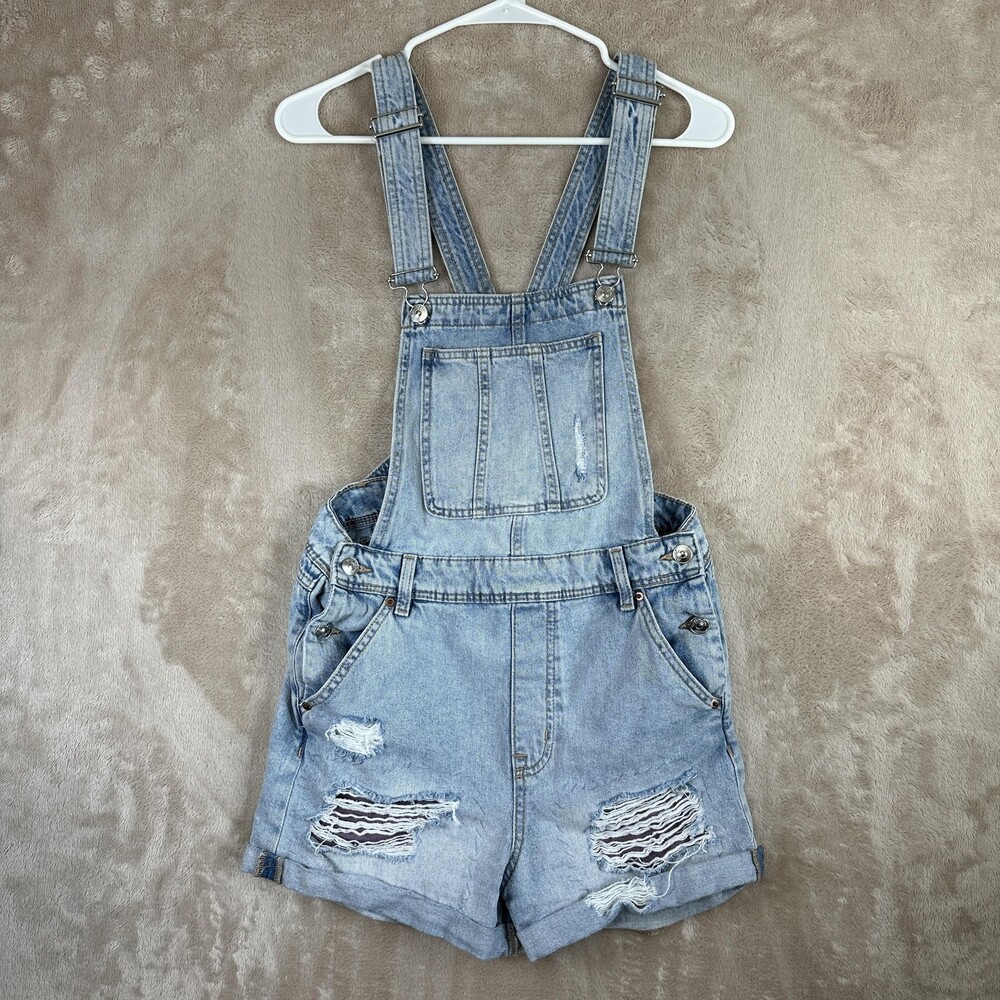 H&M Divided Overalls Womens 4 Blue Distressed Ripped Denim Shortalls Bib Shorts